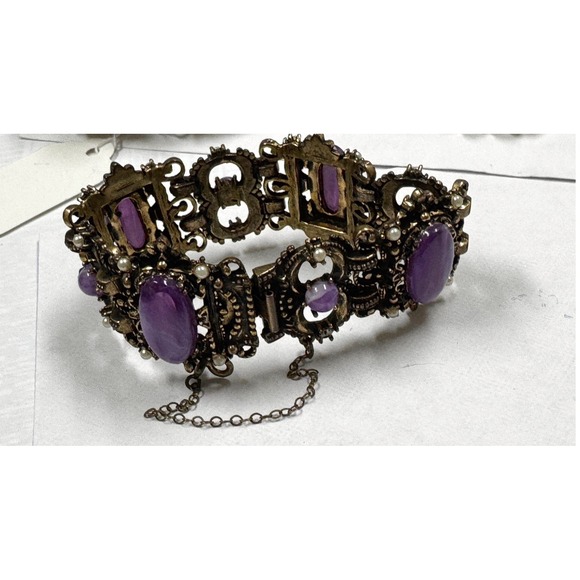 Unsigned Selro Selini‎  antique 1837- 1901 Bronze Bracelet Purple Cabochon Stone - Picture 7 of 8